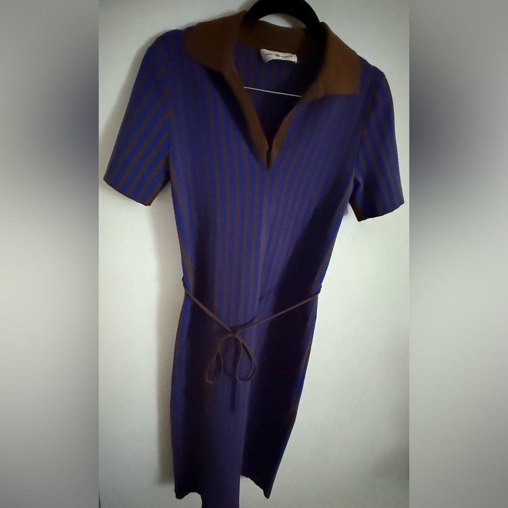 Tory Burch Blue and Brown Midi Knit Stretch Dress